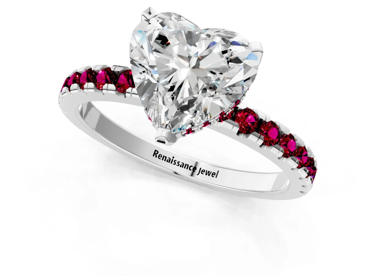 Heart Cut Diamond Solitaire Ring with Round Garnet Pavé Band and Four-Prong Setting Silver
