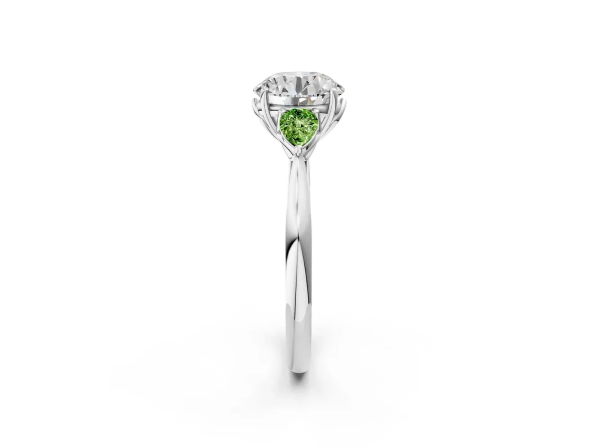 Round Cut Diamond Three-Stone Ring with Pear Peridot Side Stones and Prong Setting Silver
