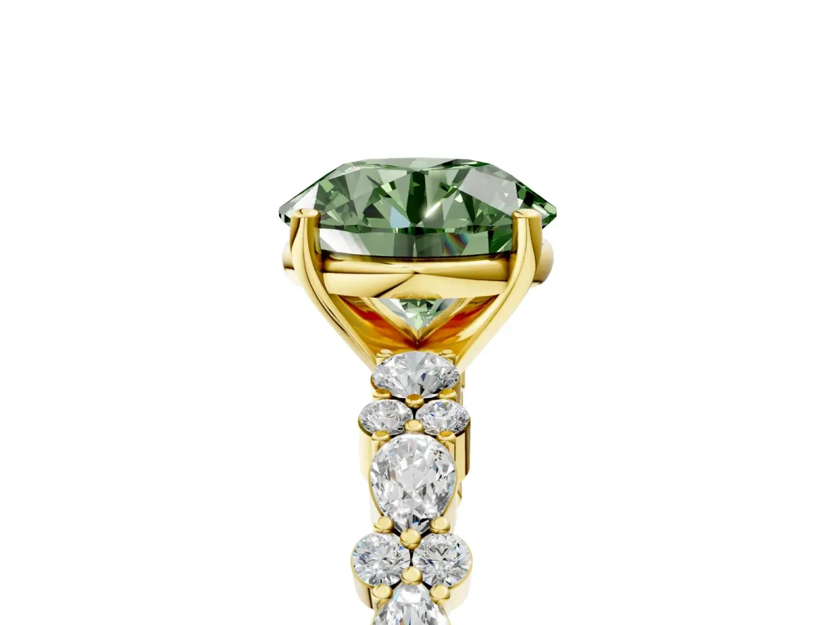 Fancy Green Round Cut Diamond Side Stone Solitaire Ring with Round and Four-Prong Setting Yellow gold