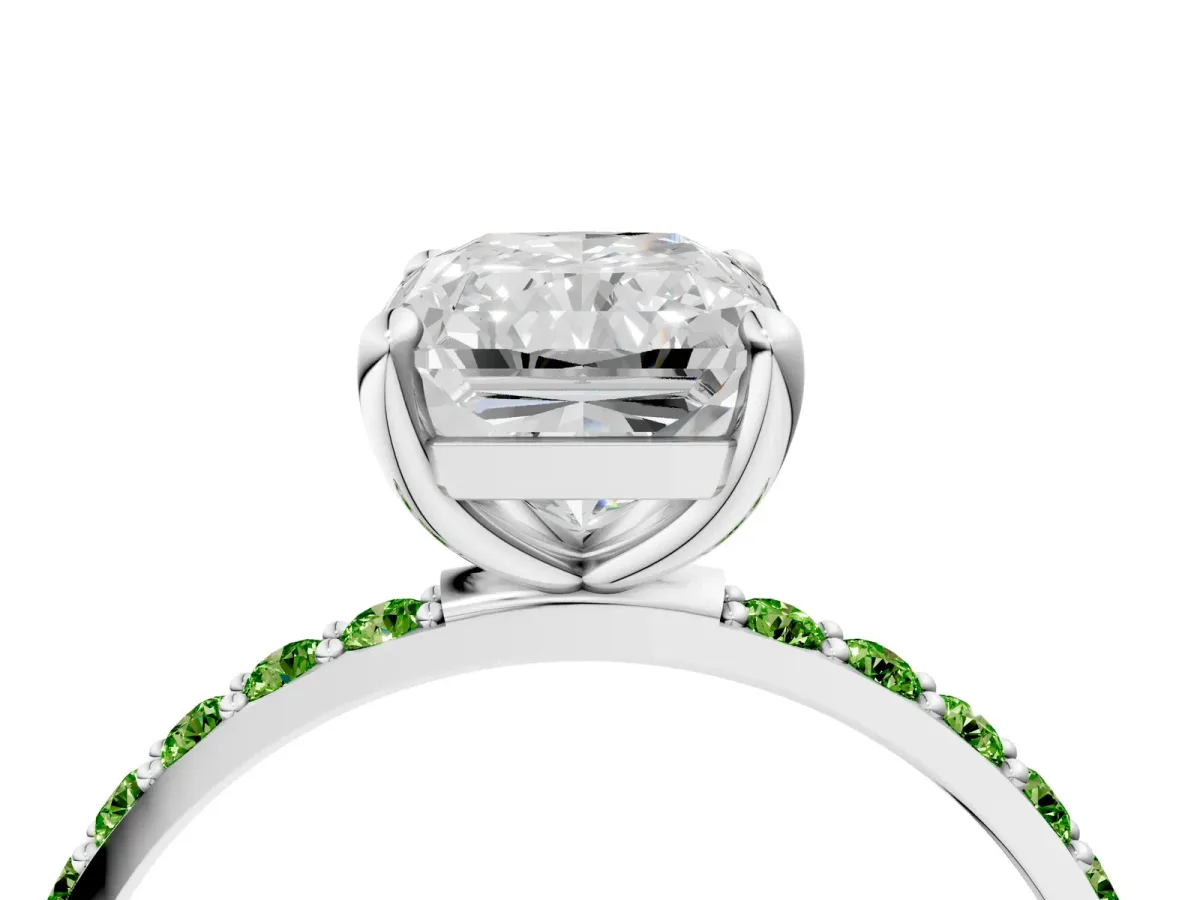 Radiant Cut Diamond Solitaire Ring with Round Peridot Pavé Band and Prong Setting Silver