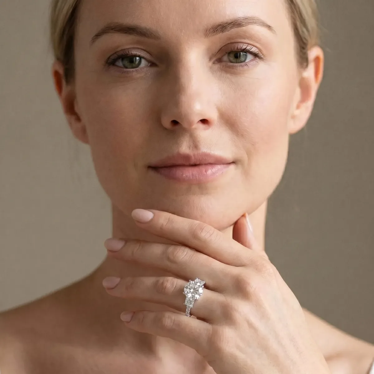 Three-Stone Princess Cut Diamond Ring with Round Pavé Band and Prong Setting Platinum