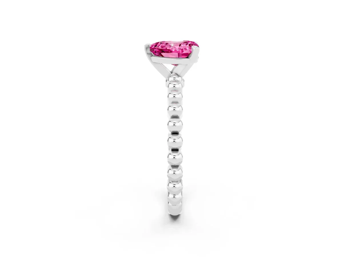 Heart Cut Pink Sapphire Solitaire Ring with Beaded Band and Prong Setting Silver