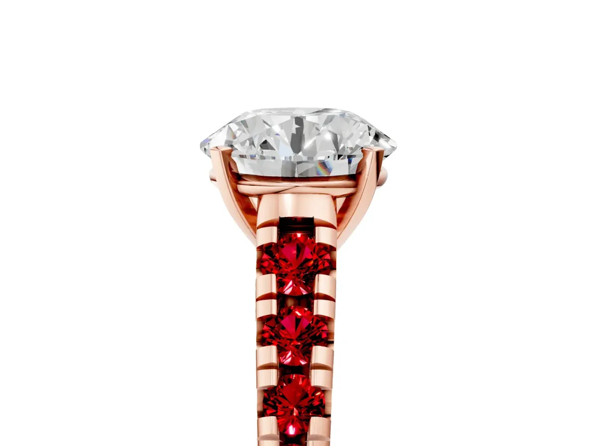 Round Cut Diamond Cathedral Solitaire Ring with Round Ruby Pavé Band Rose gold