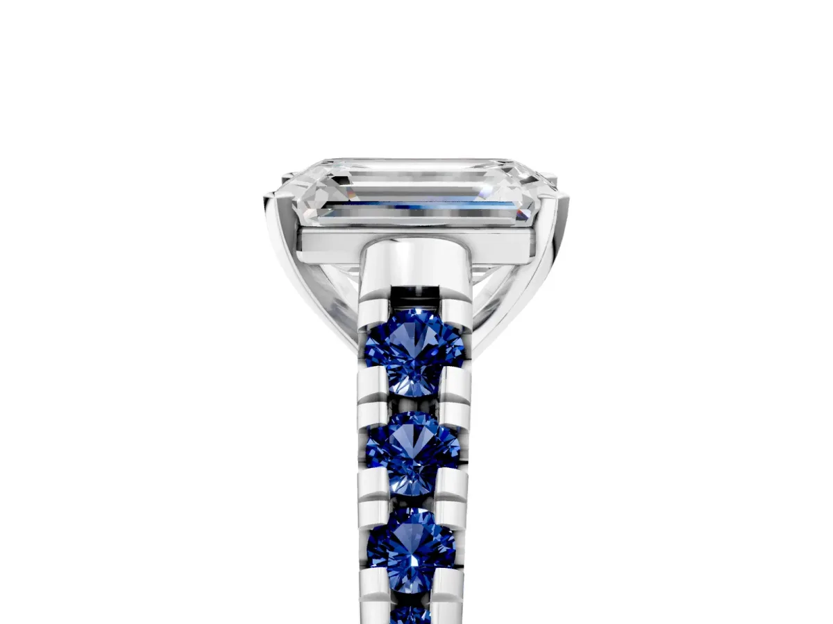 Emerald Cut Diamond Cathedral Solitaire Ring with Round Blue Sapphire Pavé Band Platinum