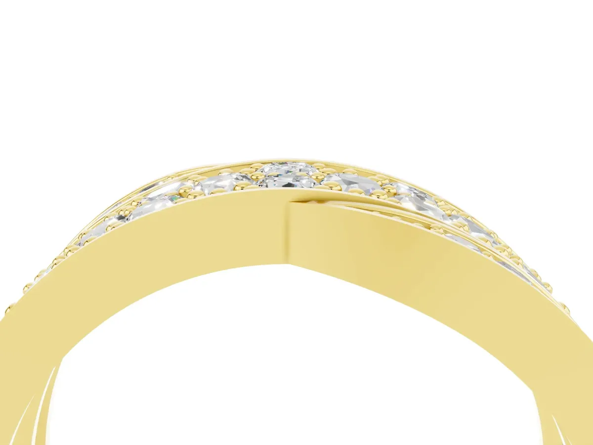 Pavé Round Moissanite Crossover Band with Bead Prong Setting Yellow gold