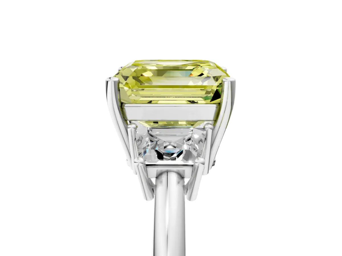 Fancy Yellow Asscher Cut Diamond Three-Stone Ring with Trapezoid Side Stones and Prong Setting Platinum