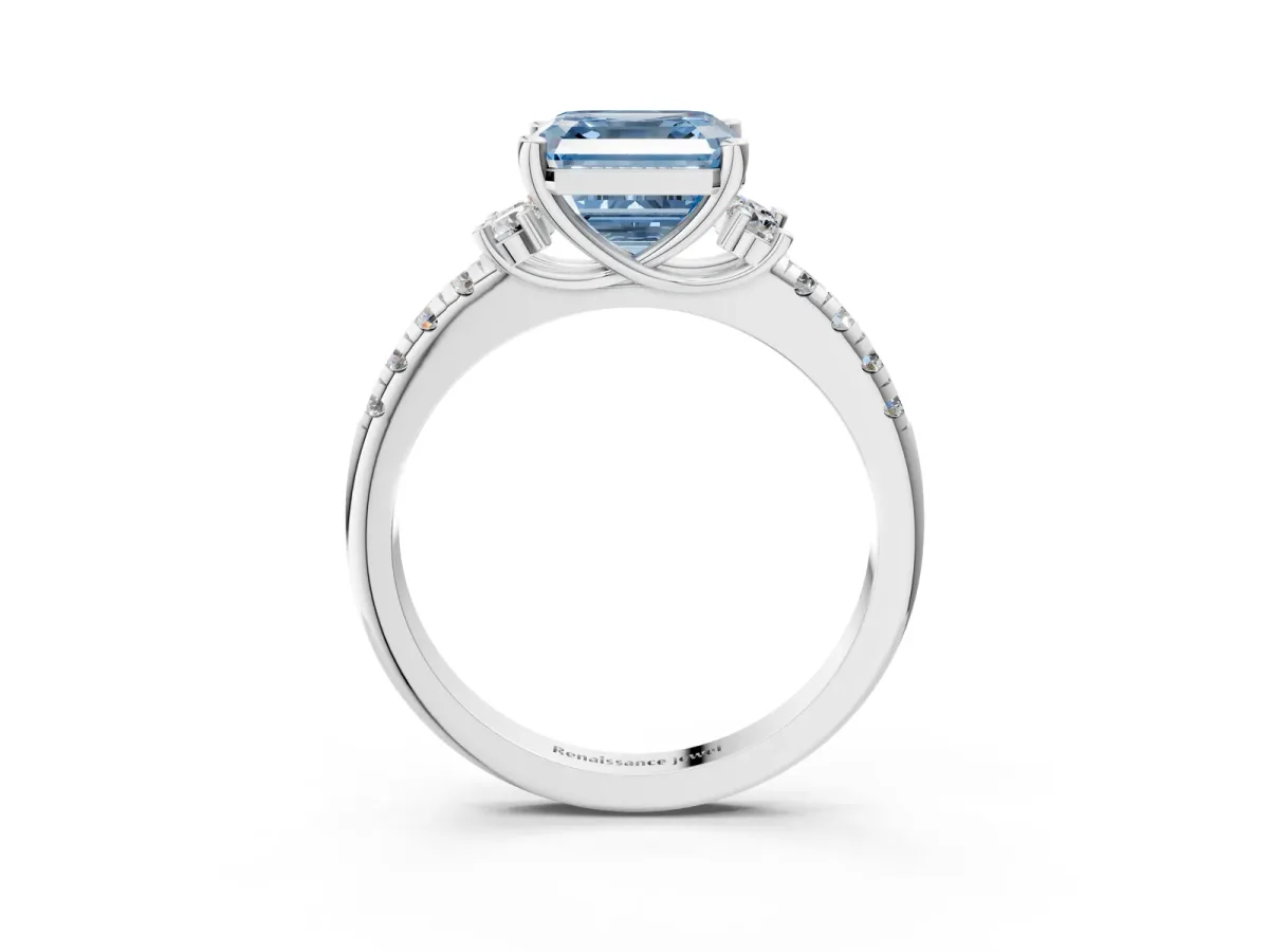 Fancy Blue Asscher Cut Diamond Three-Stone Pave Band with Four-Prong Setting Platinum