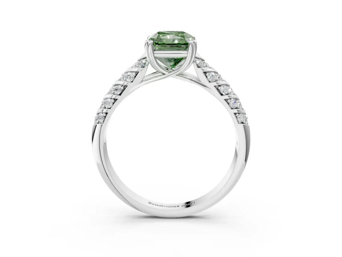 Fancy Green Radiant Cut Solitaire Chevron Pave Diamond Engagement Ring with Six-Prong Setting Platinum