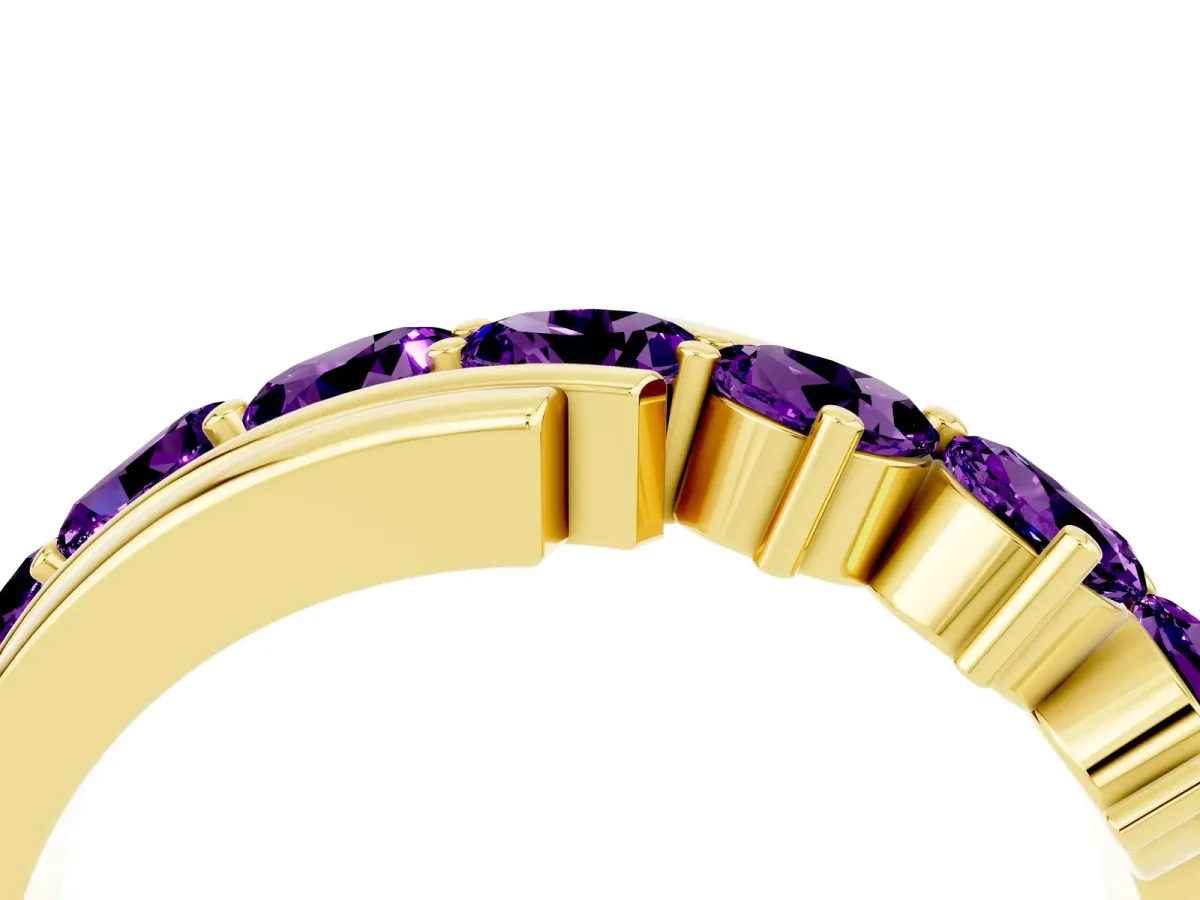Round Amethyst Wave Band with Channel and Shared Prong Setting Yellow gold