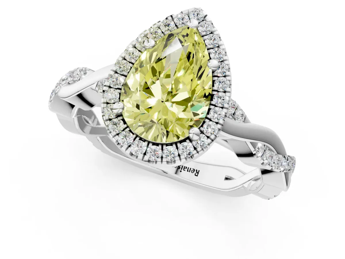 Fancy Yellow Pear Cut Cut Halo Twisted Band Four-Prong Ring Platinum