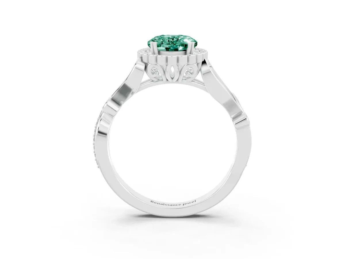 Oval Cut Green Sapphire Halo Ring with Vintage Split Shank and Four-Prong Setting Silver