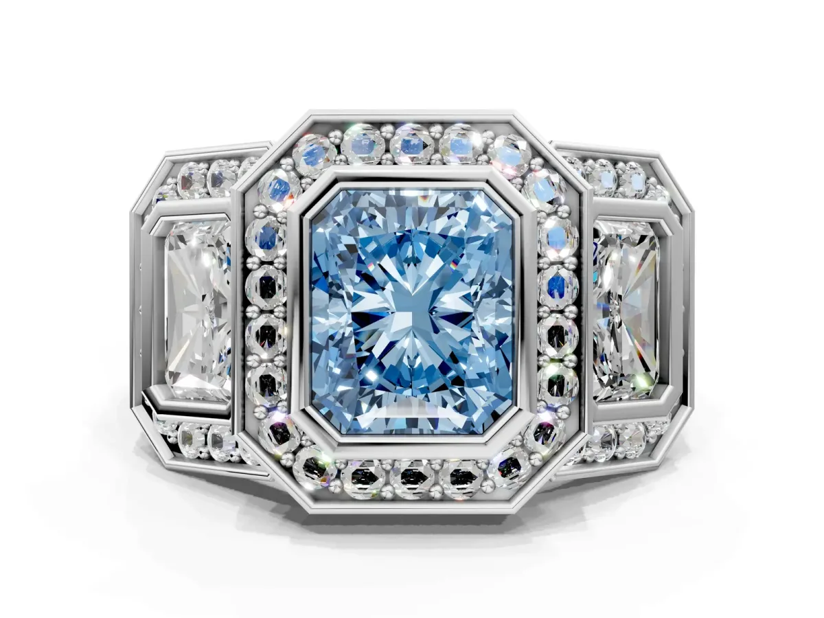 Fancy Blue Three-Stone Radiant Cut Halo Pavé Diamond Ring Platinum