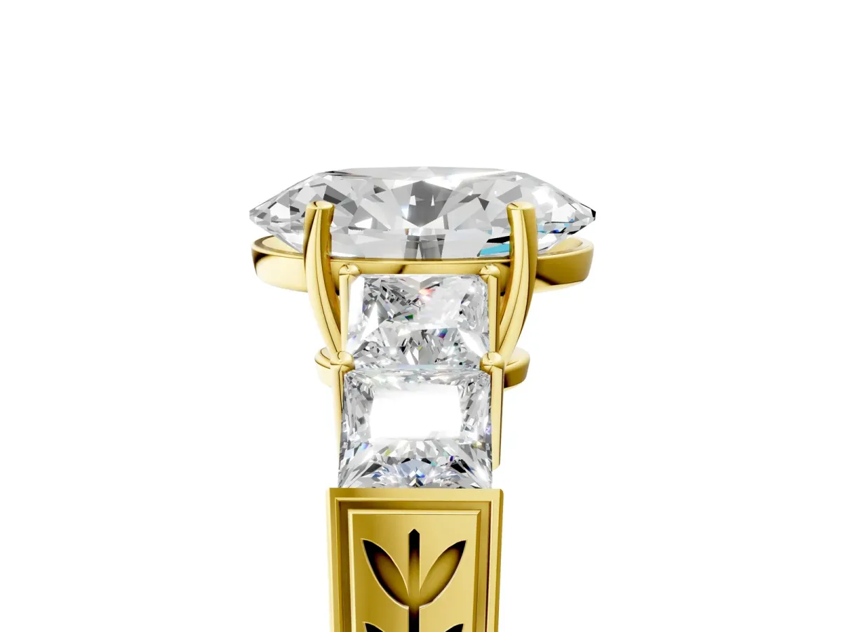 Oval Cut Solitaire Princess Side Stone Engraved Band Prong Setting Ring Yellow gold