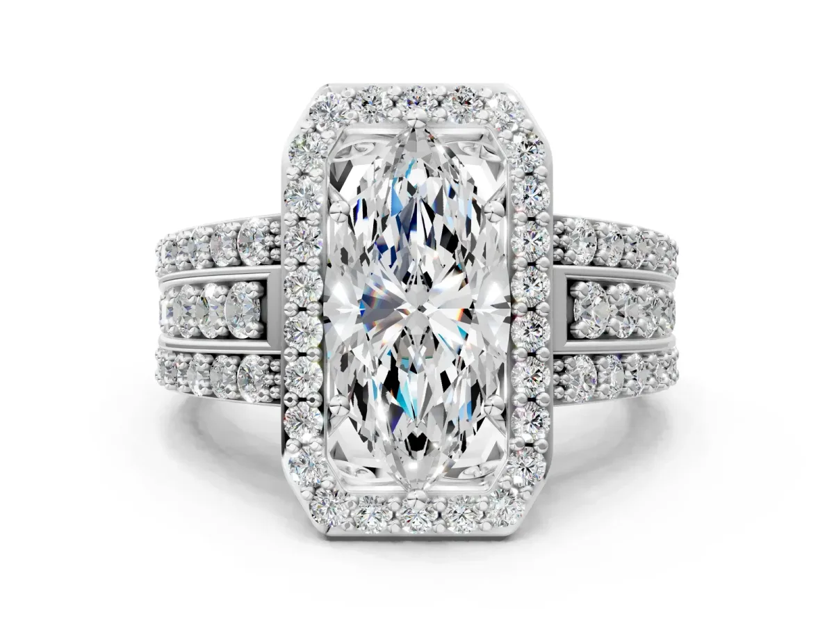 Marquise Cut Halo Diamond Ring with Round Split Shank and Prong Setting Platinum