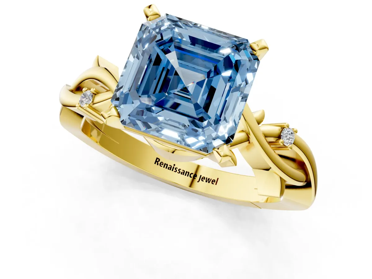 Fancy Blue Asscher Cut Diamond Solitaire Ring with Twisted Band and Prong Setting Yellow gold
