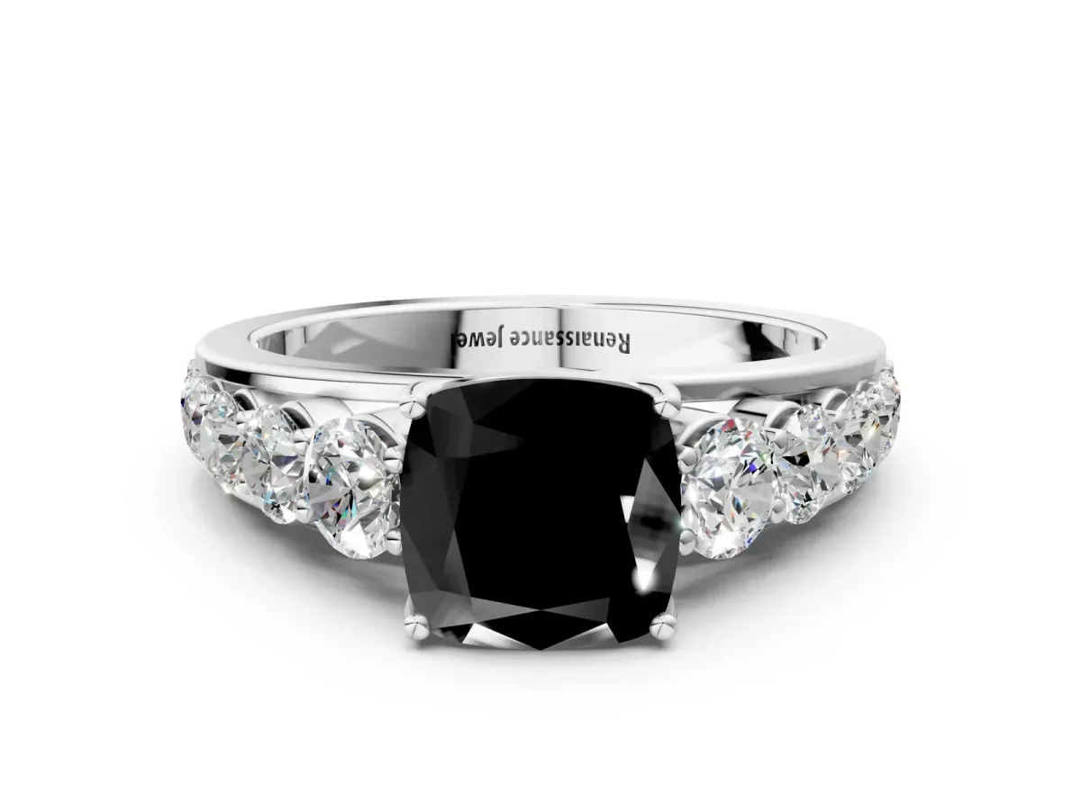 Fancy Black Cushion Cut Brilliant Diamond Pavé Band with Six-Prong Setting Silver