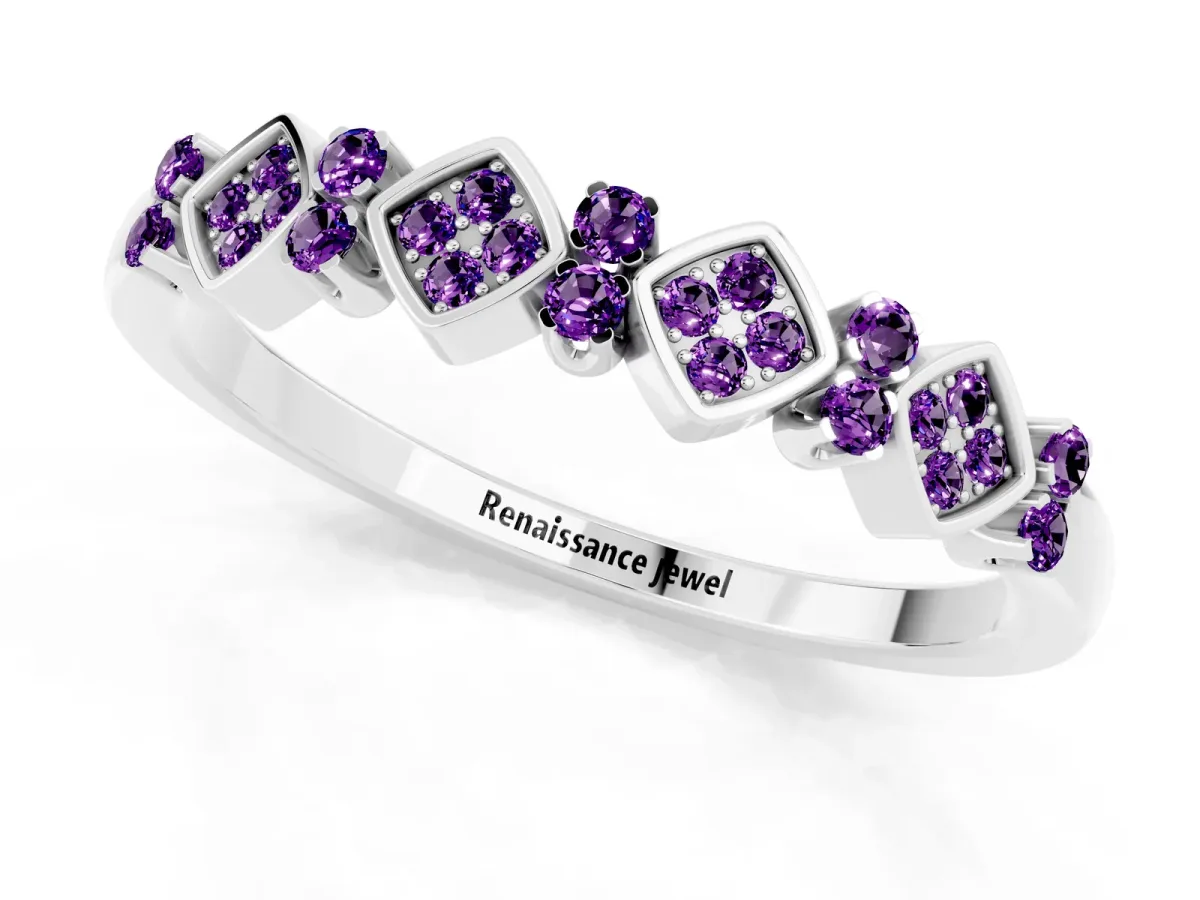Pavé Cushion Amethyst Cluster Eternity Band with Prong Setting White gold