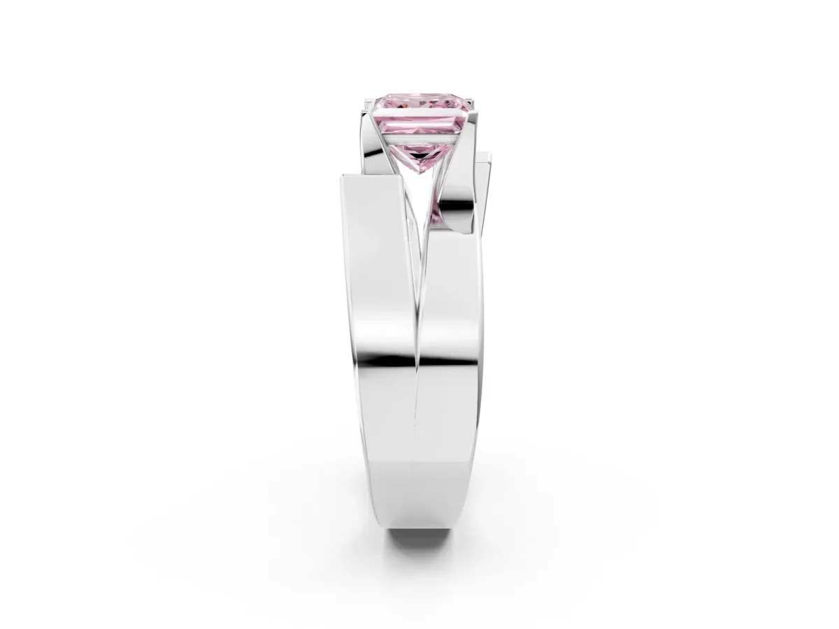 Fancy Pink Modern Tension Set Princess Cut Diamond Solitaire Wide Band Ring Silver