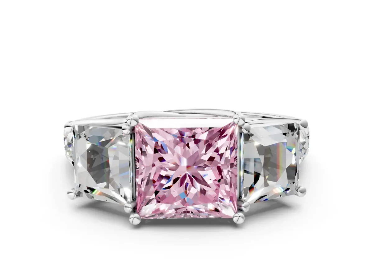 Fancy Pink Three-Stone Princess Cut Diamond Pavé Band with Prong Setting Platinum