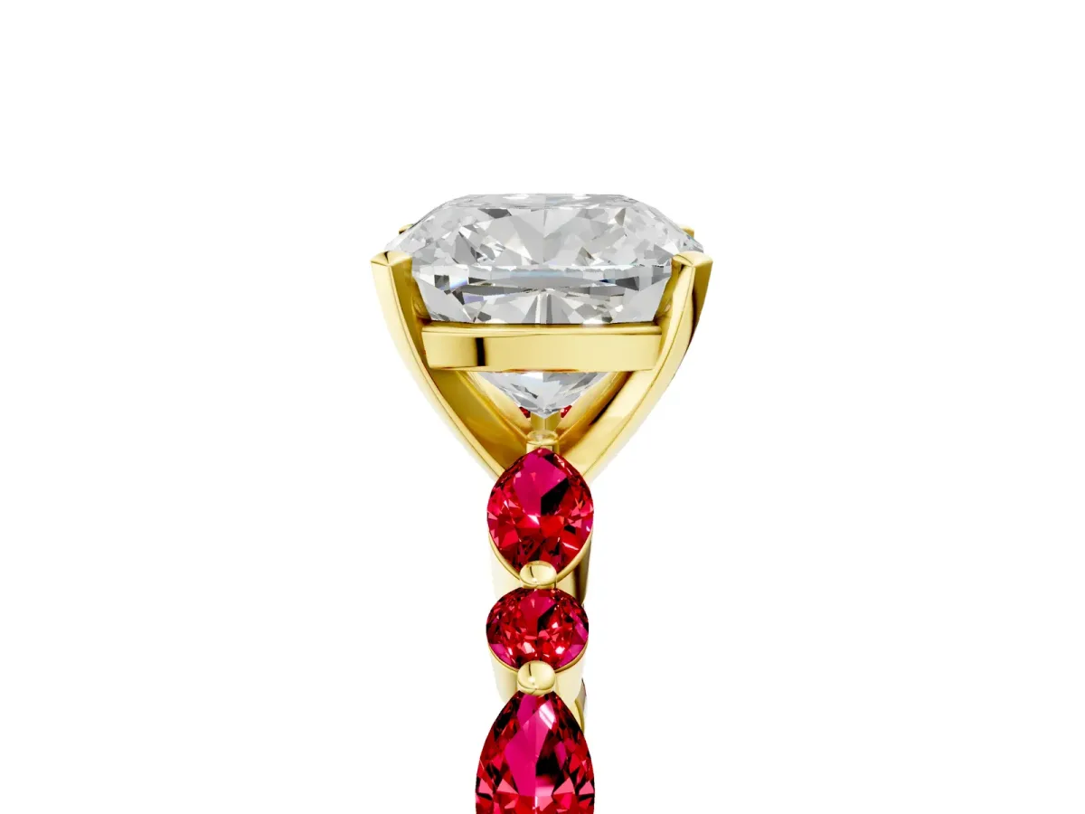 Cushion Cut Diamond Ring with Marquise and Round Ruby Side Stones and Four-Prong Setting Yellow gold