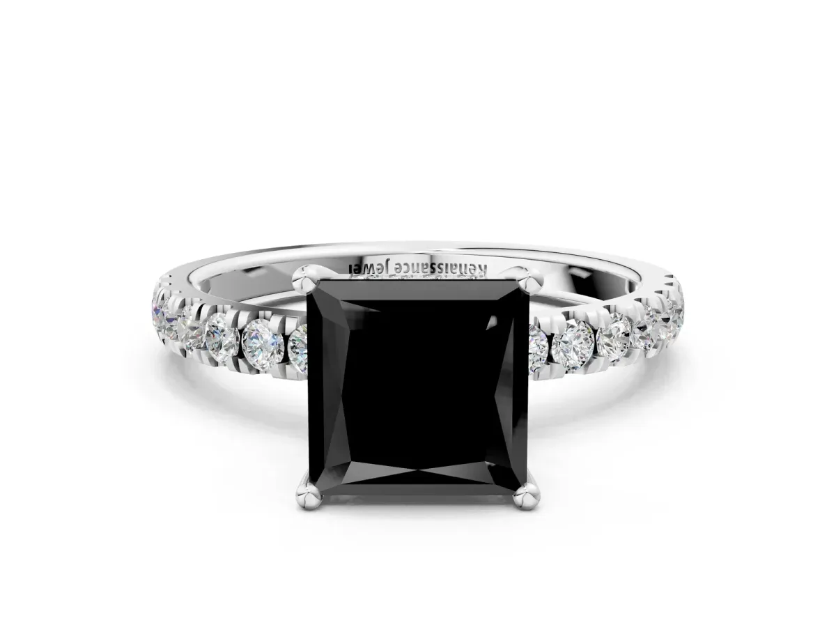 Fancy Black Princess Cut Diamond Pave Band Solitaire Ring with Round and Prong Setting Silver