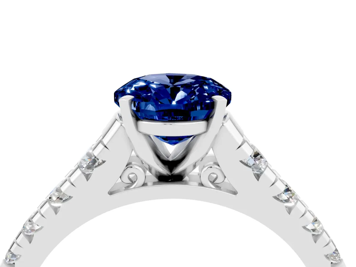 Oval Cut Blue Sapphire Cathedral Solitaire Ring with Round Pavé Band Silver