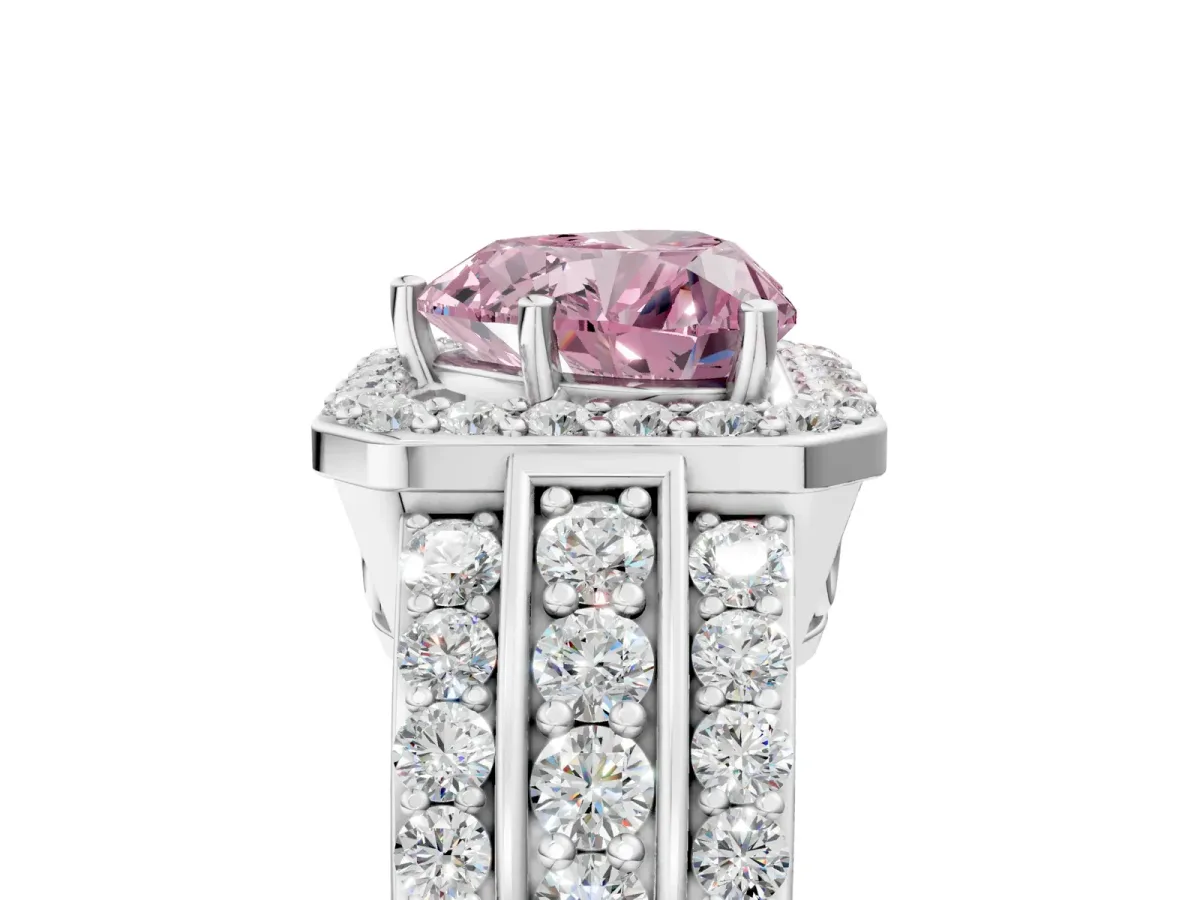 Fancy Pink Heart Cut Halo Diamond Ring with Round Split Shank and Prong Setting Platinum