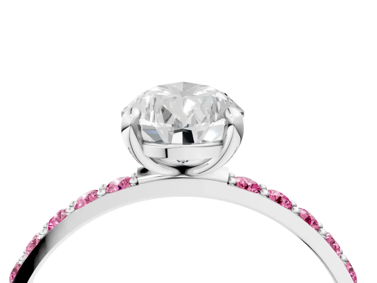 Pear Cut Diamond Solitaire Ring with Round Pink Sapphire Pavé Band and Prong Setting Silver