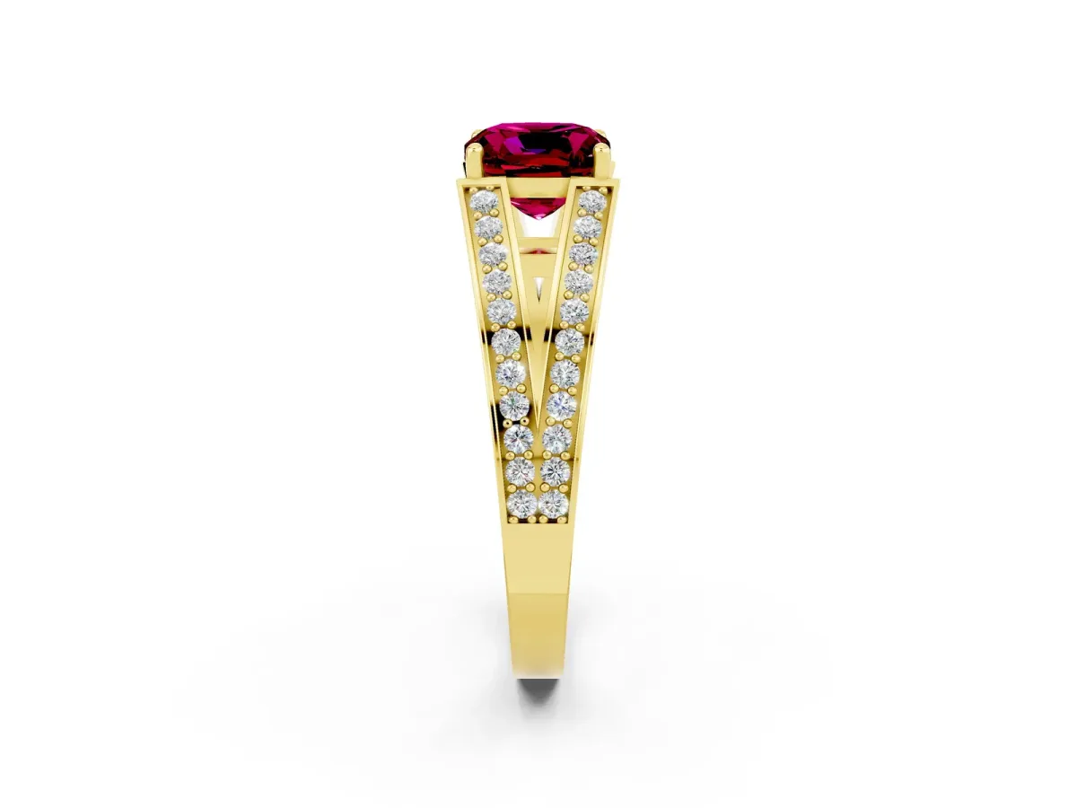 Cushion Cut Garnet Split Shank Ring with Pavé Band and Four-Prong Setting Yellow gold
