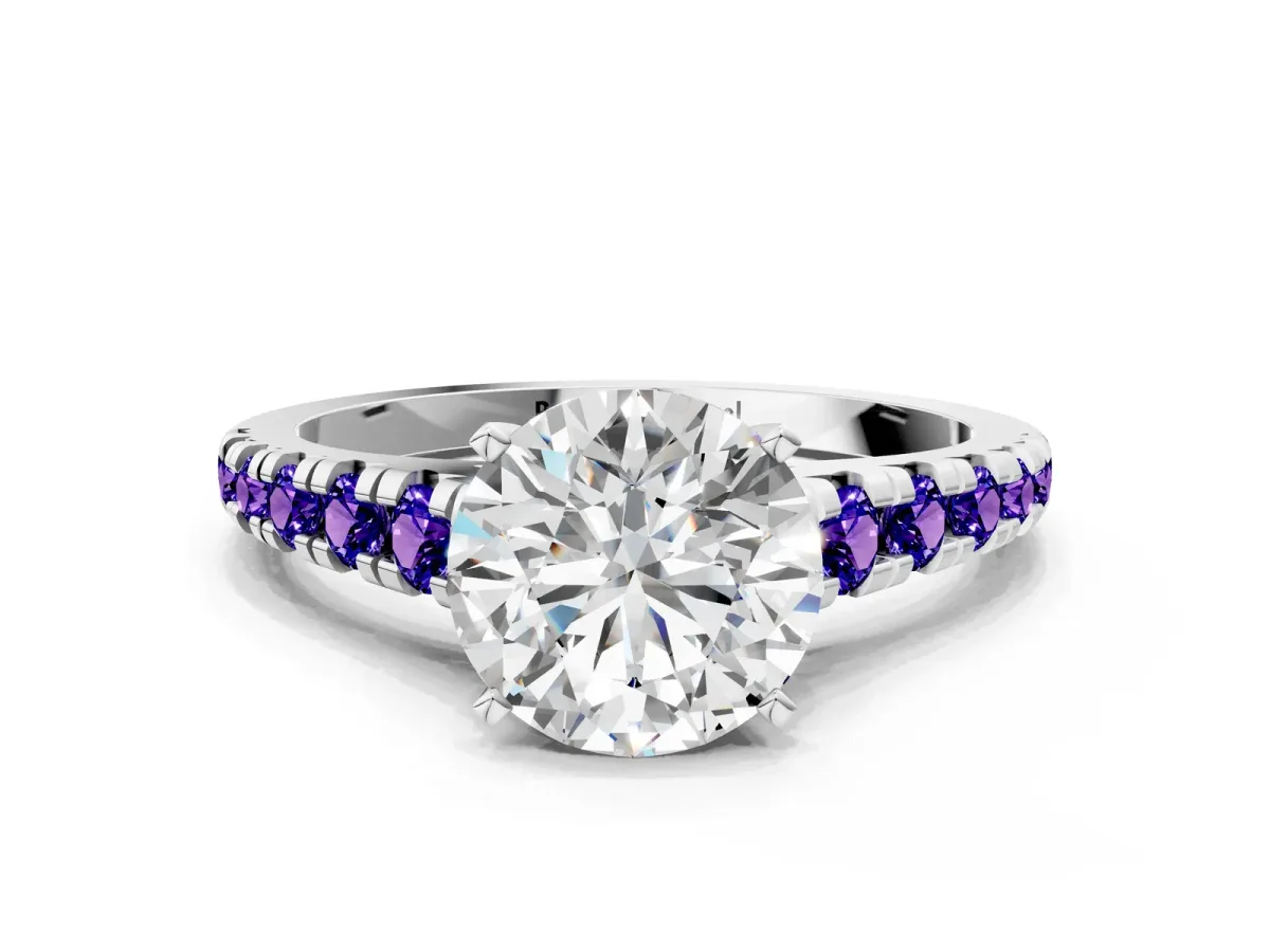 Round Cut Diamond Cathedral Solitaire Ring with Round Tanzanite Pavé Band Silver