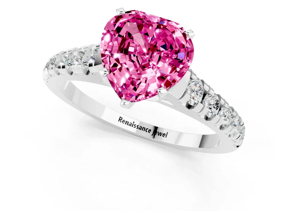 Heart Cut Pink Sapphire Cathedral Solitaire Ring with Round Pavé Band Silver