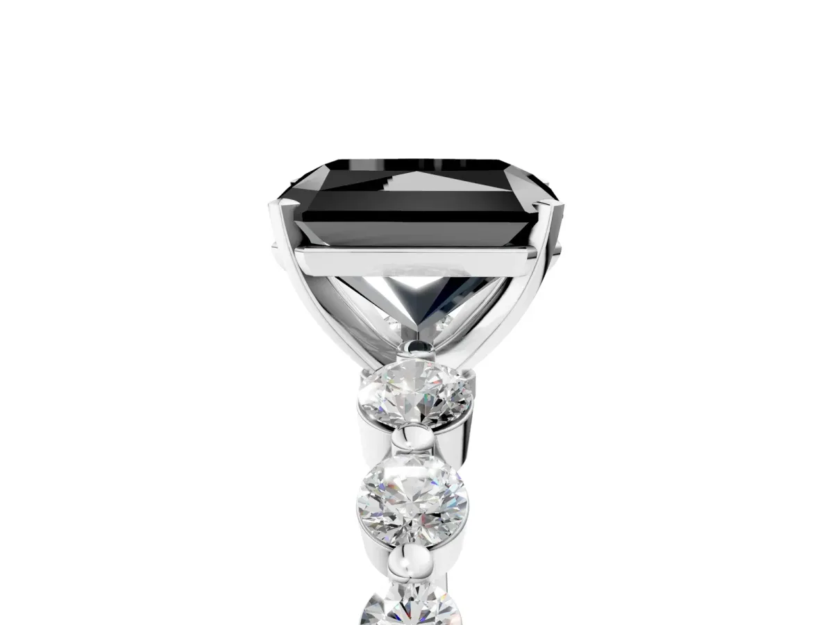 Fancy Black Radiant Cut Solitaire Diamond Ring with Pave Band and Four-Prong Setting Silver