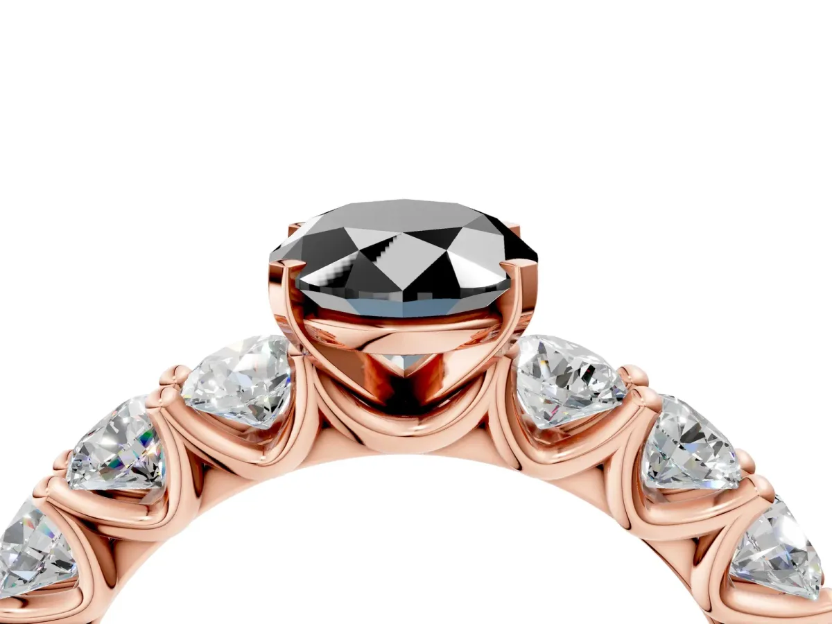 Fancy Black Oval Cut Diamond Prong Setting with Side Stones on a Pave Band Rose gold