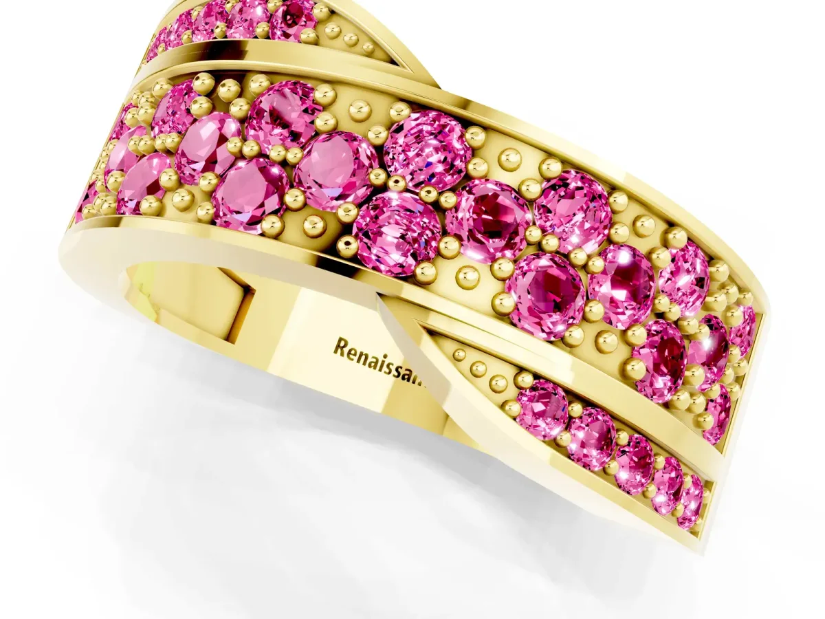 Pavé Round Pink Sapphire Crossover Band with Bead Prong Setting Yellow gold