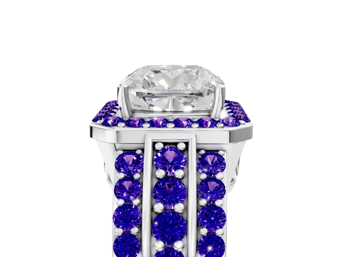 Cushion Cut Halo Diamond Ring with Round Tanzanite Split Shank and Prong Setting Silver