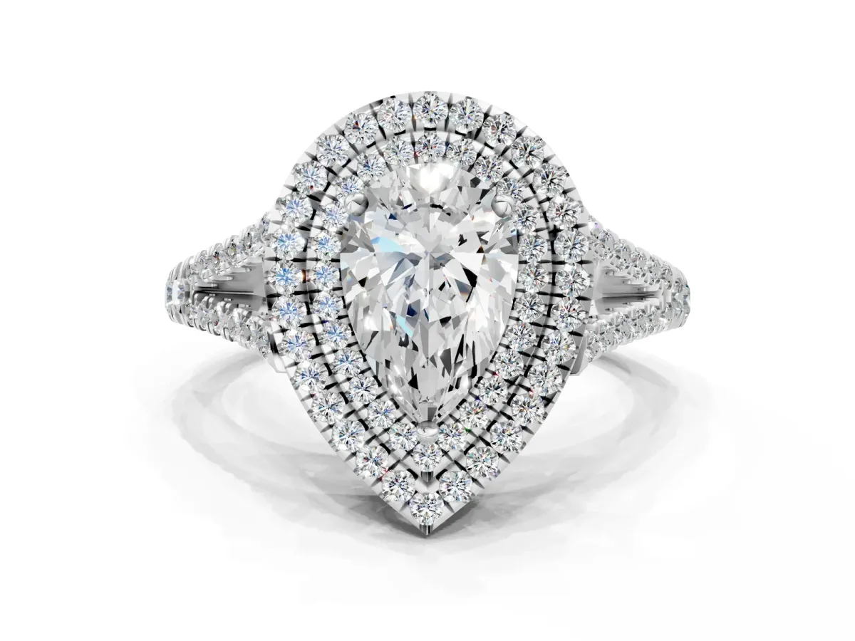 Pear Cut Diamond Double Halo Ring with Pavé Band and Prong Setting Silver