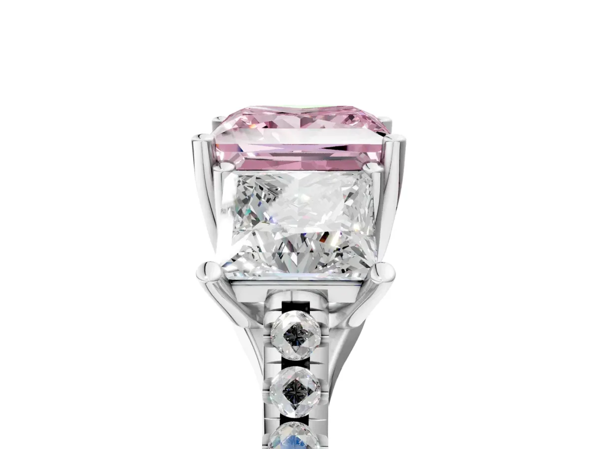 Fancy Pink Three-Stone Princess Cut Diamond Ring with Round Pavé Band and Prong Setting Silver