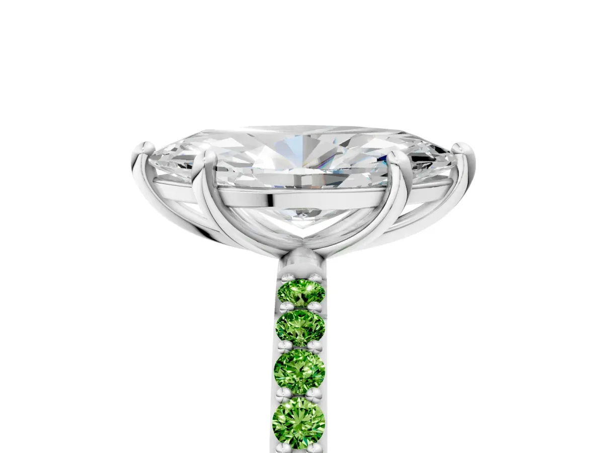 Marquise Cut Diamond Solitaire Ring with Round Peridot Pavé Band and Prong Setting Silver