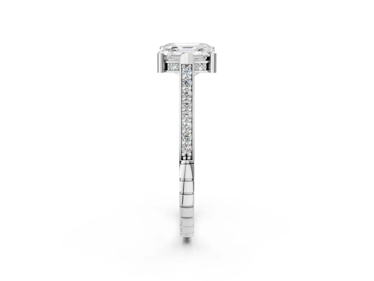 Asscher Cut Solitaire Diamond Ring with Channel Set Band and Bezel Prong Setting Platinum