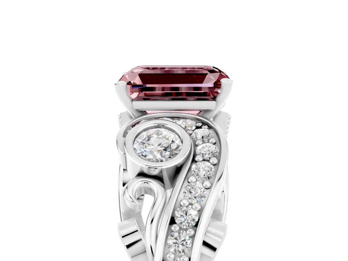 Emerald Cut Morganite Solitaire Ring with Milgrain Pavé Band and Four-Prong Setting Silver