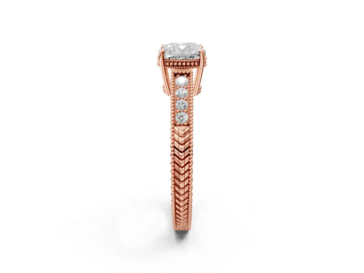 Cushion Cut Cut Diamond Milgrain Pave Band Four-Prong Setting Ring Rose gold
