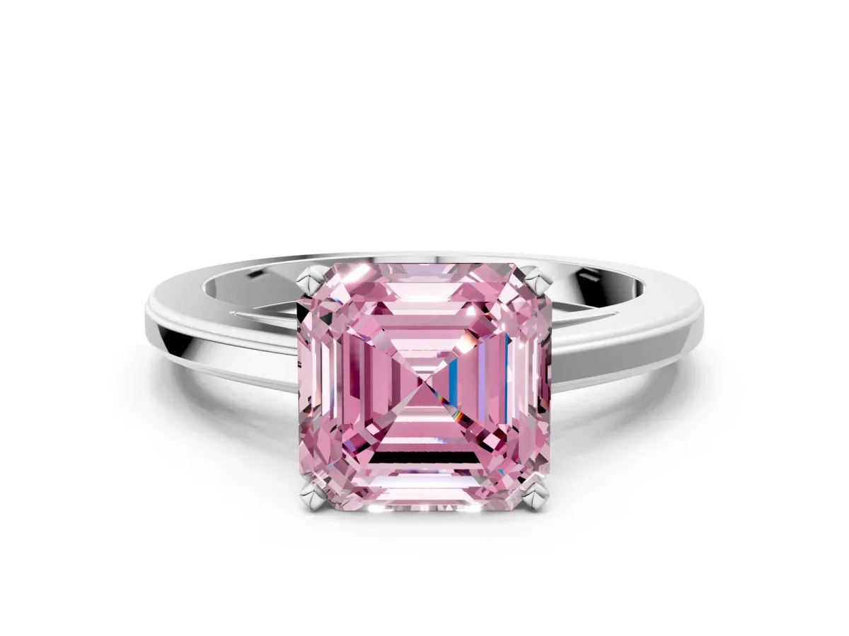 Fancy Pink Asscher Cut Solitaire Diamond Ring with Four-Prong Setting and Classic Band Platinum