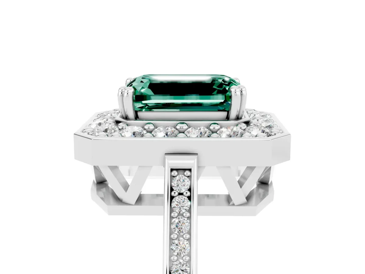 Emerald Cut Green Sapphire Halo Ring with Split Shank and Four-Prong Setting White gold