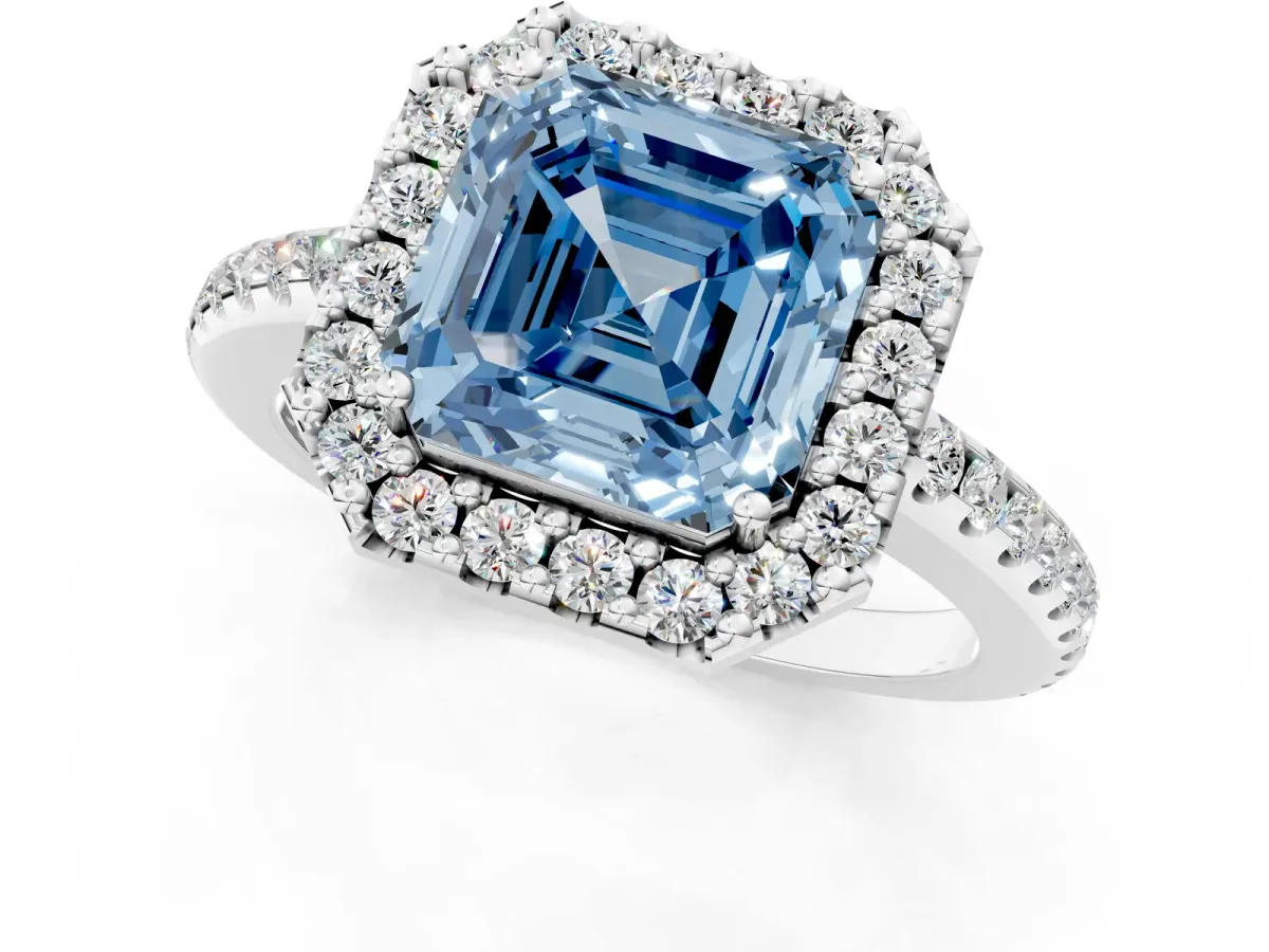 Fancy Blue Asscher Cut Diamond Pavé Halo Ring with Four-Prong Setting Platinum