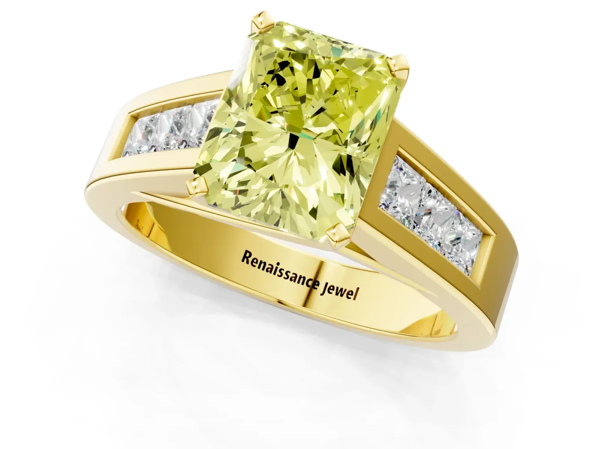 Fancy Yellow Radiant Cut Cut Channel Set Solitaire Ring with Four-Prong Setting Yellow gold