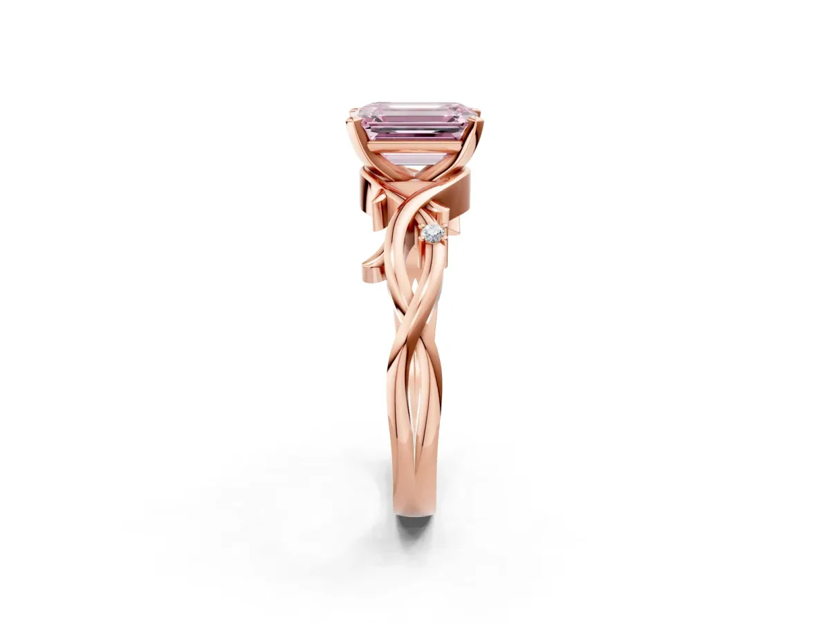 Fancy Pink Emerald Cut Diamond Solitaire Ring with Twisted Band and Prong Setting Rose gold