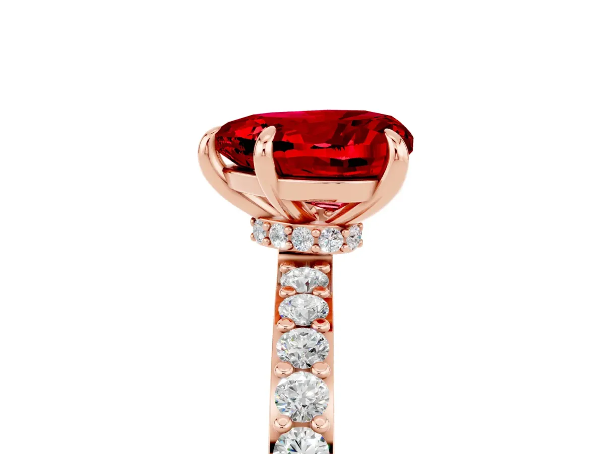 Heart Cut Ruby Solitaire Engagement Ring with Pavé Band and Four-Prong Setting Rose gold