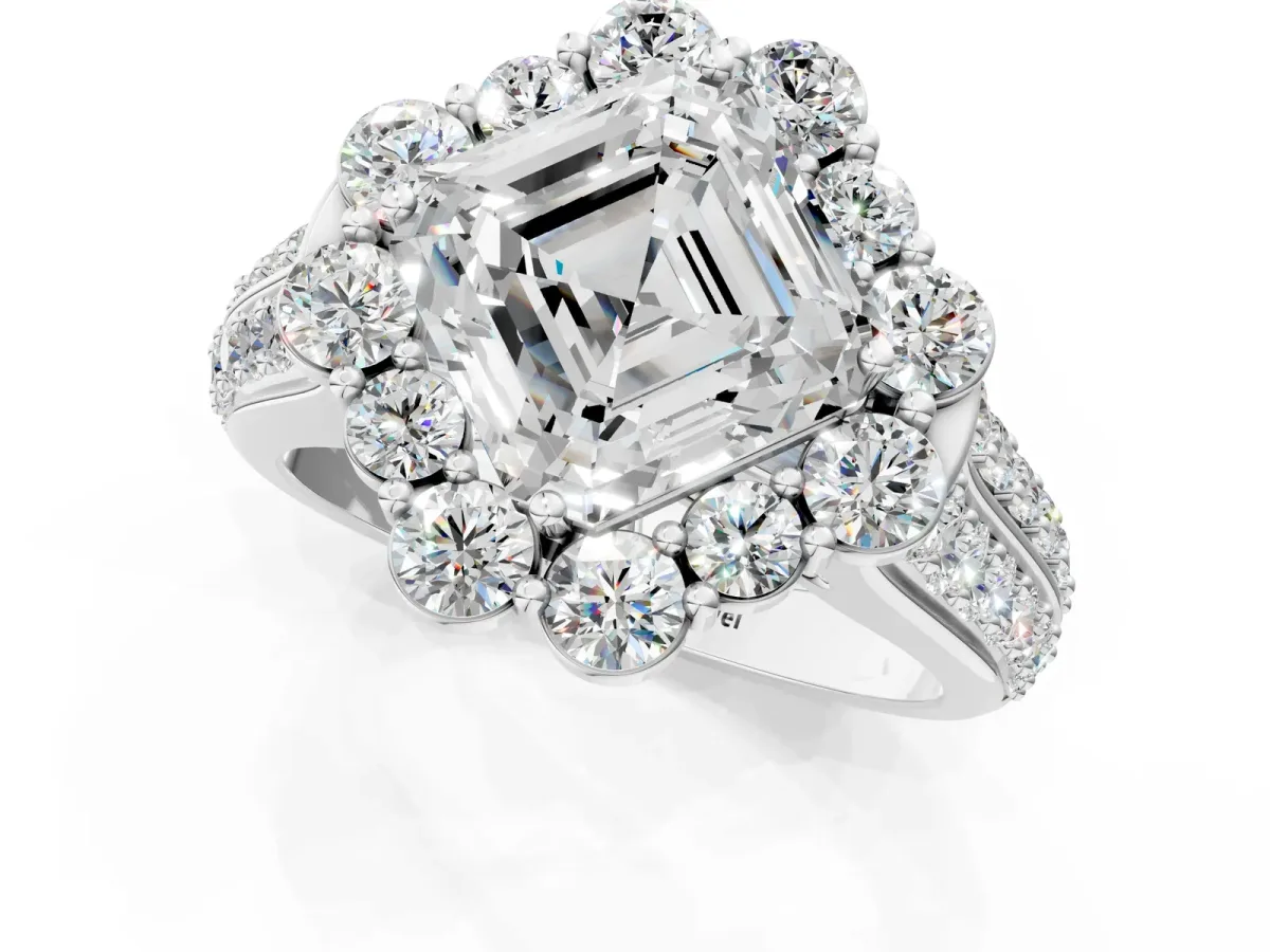 Asscher Cut Halo Diamond Engagement Ring with Split Shank and Prong Setting Platinum