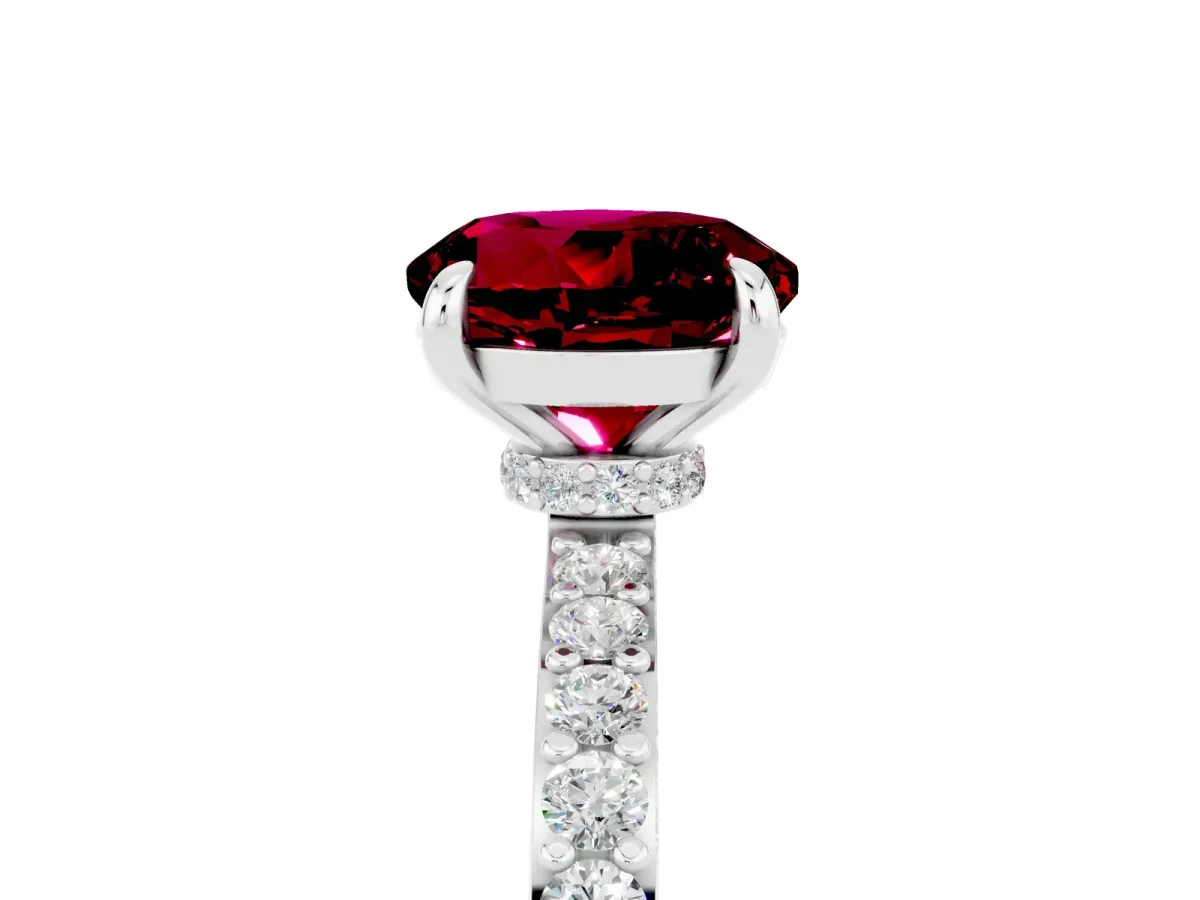 Round Cut Garnet Solitaire Engagement Ring with Pavé Band and Four-Prong Setting Silver
