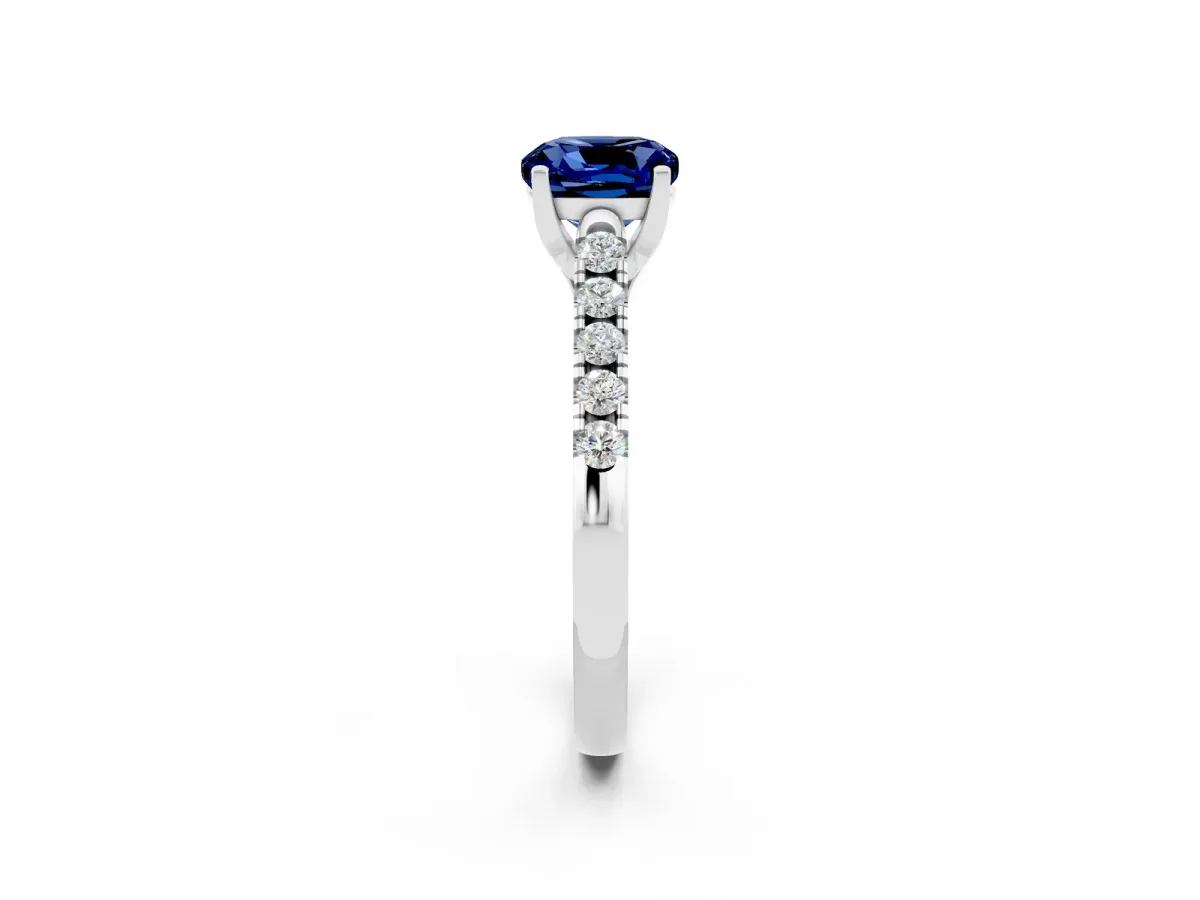 Cushion Cut Blue Sapphire Pavé Band Solitaire Ring with Prong Setting Platinum